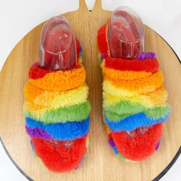 Ugg Fluff Yeah Faux Fur Rainbow Cali Collage Slide Sandals 6 Big Kid 8 Women - Picture 3 of 9